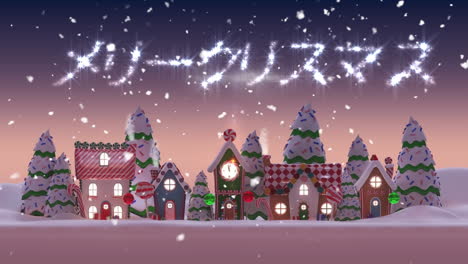 animation of christmas season's greetings over winter scenery with houses and moon