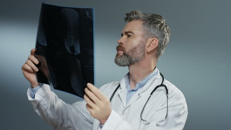 un médico de pelo gris apuesto que sostiene una copia de rayos x y la estudia cuidadosamente en el fondo gris