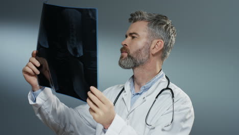 gray haired good looking man doctor holding x ray copy and studying it carefully on the grey background