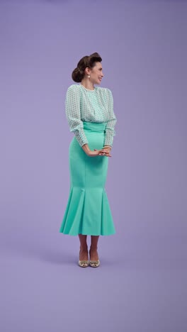 stylish woman in retro outfit posing with varied expressions on a purple background