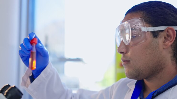 Blood, science and man with sample in laboratory