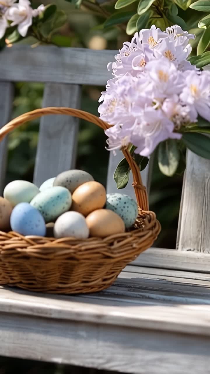 A Beautiful Easter Basket Filled with Colorful, Speckled Eggs Surrounded by Blooming Flowers in a Serene Outdoor Setting on a Wooden Table