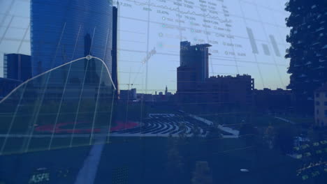 digital data visualizations floating across urban plaza being flanked by mirrored skyscrapers