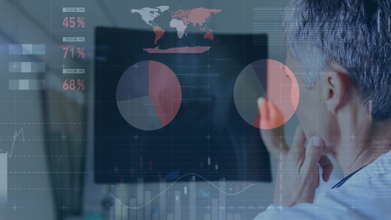 animación del procesamiento de datos financieros sobre una doctora caucásica