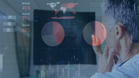 animación del procesamiento de datos financieros sobre una doctora caucásica