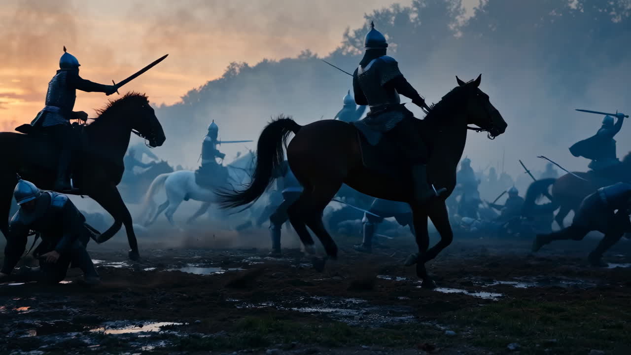 Guerrieri corazzati impegnati in una battaglia medievale avvolta nella nebbia al tramonto