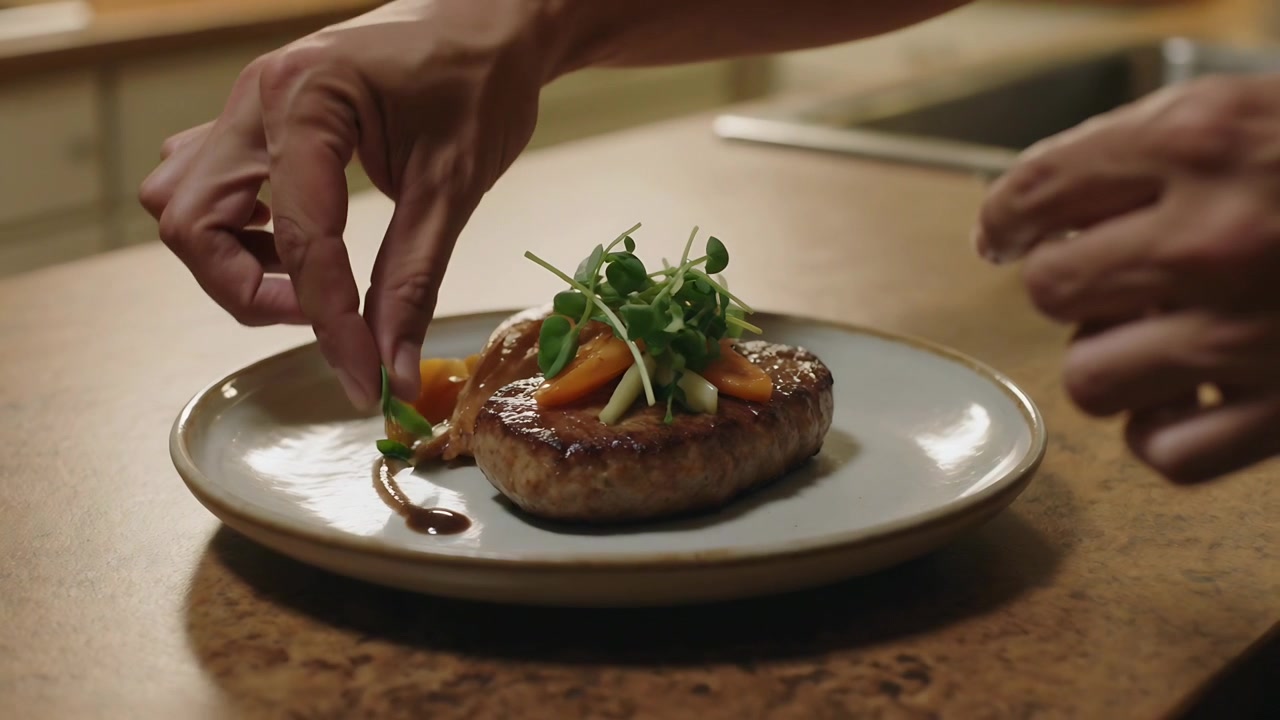 Manos de cocinero emplatando, entrando por la derecha en casa, pellizcando microvegetales y disponiendo un medallón cítrico para servir.