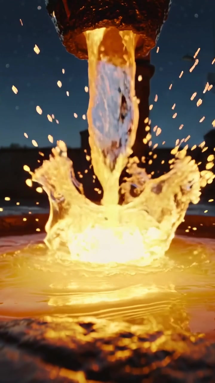Vertical video: Pouring molten stream, spout opening, forming glowing pool on tray at dusk to cast
