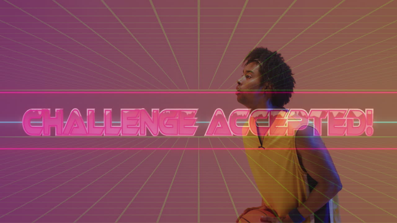 Animation of challenge accepted text over neon pattern and biracial basketball player