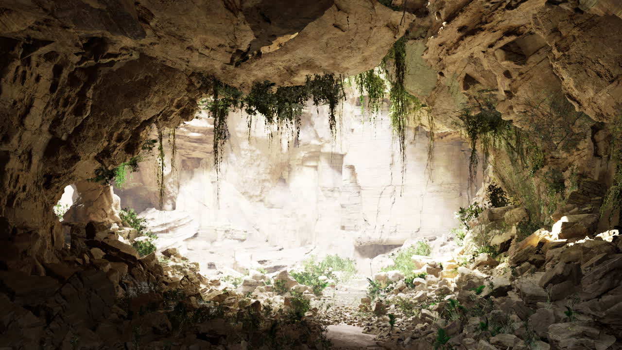 Dramatic cave interior reveals textured rock formations illuminated by sunlight
