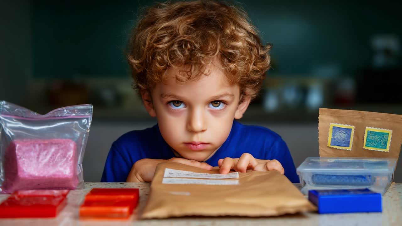 A Curious Young Boy Engages with Colorful Various Packages and Stamps as He Examines His Mail with Intrigued Expression in a Brightly Lit Kitchen Setting