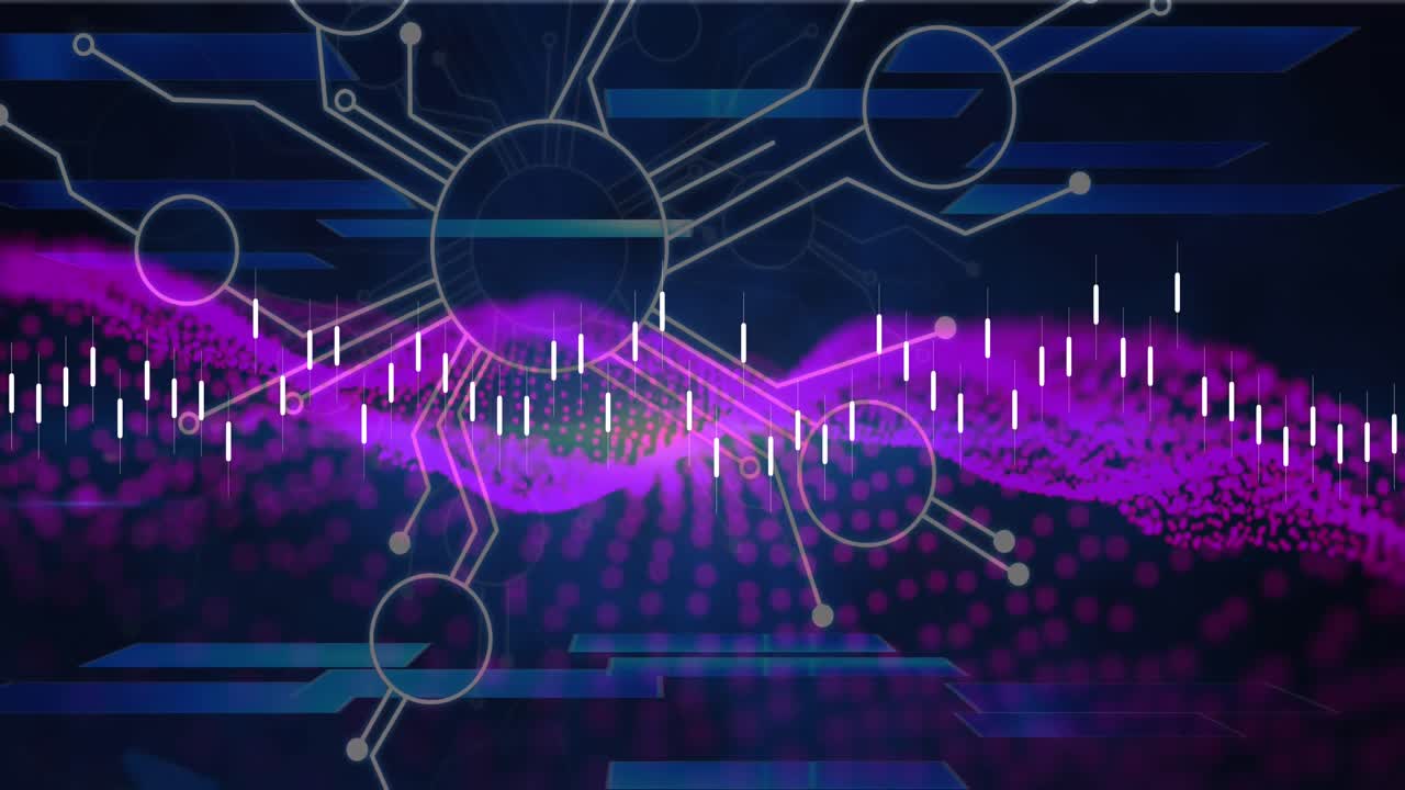 Animation of financial data processing and network of connections over spots on black background
