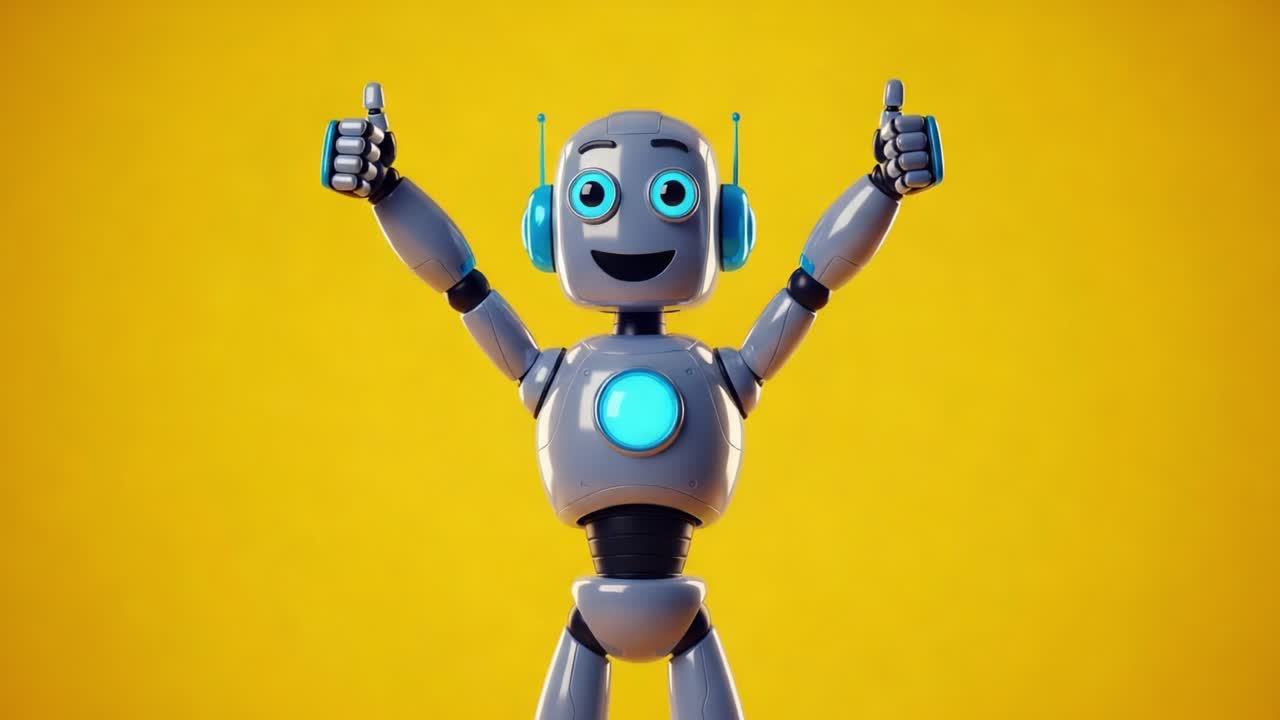 Un personaggio robot allegro con dettagli blu e cuffie, che esprime gioia ed entusiasmo su uno sfondo giallo acceso