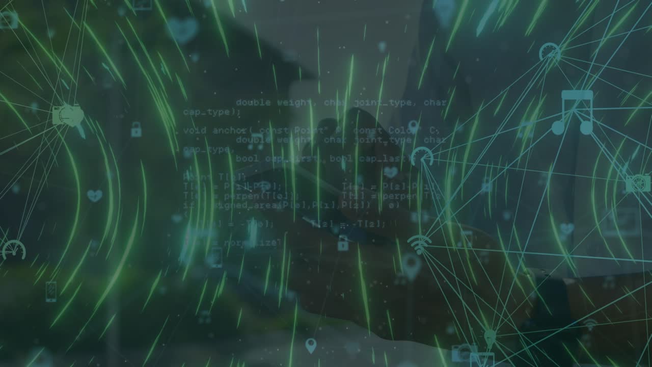 Light trails spinning and data processing against mid section of a person using smartphone