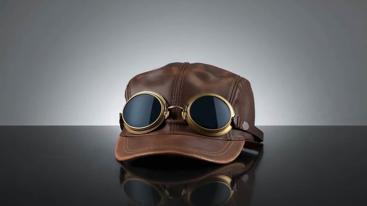 Motorized turntable rotating aviator cap with brass goggles on reflective studio table for display