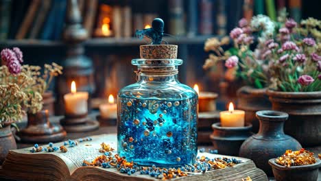 magical potion bottle surrounded by flowers and candles at night