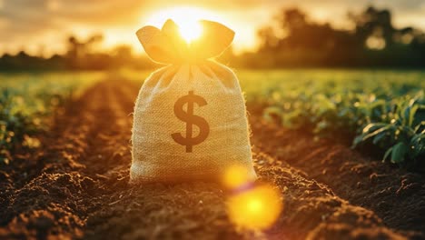 money bag on farm at sunset. a burlap sack with a dollar sign is placed on a field during golden hour, capturing agriculture's potential wealth.