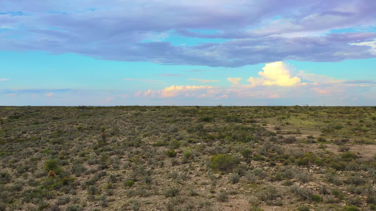 drone sobre el desierto con nubes y maleza baja