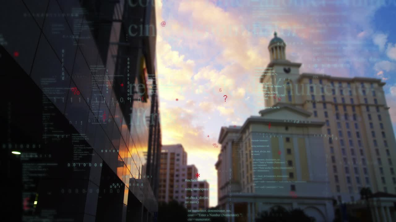 Sunset shift causing pale classical building hosting HUD overlays icons drifting up to show data