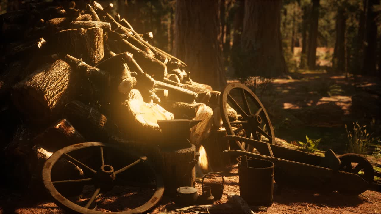 해가 지는 시점 에 숲 에서 겨울 을 위해 연료 를 준비 하는 것