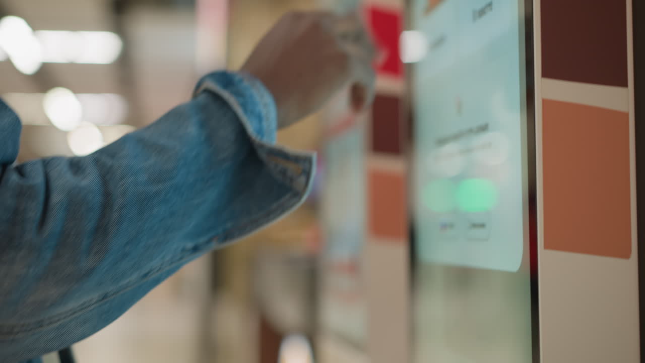 Close-up of hand selecting a charitable donation option on a digital kiosk menu. Text on screen mentions part of sales going to Siberian forest restoration. Green background with pine tree visuals