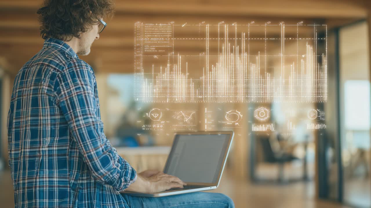 Analyzing Data Trends: A User Engaging with Graphical Statistics on a Laptop in a Bright and Modern Workspace, Visualizing Complex Information to Gain Insights
