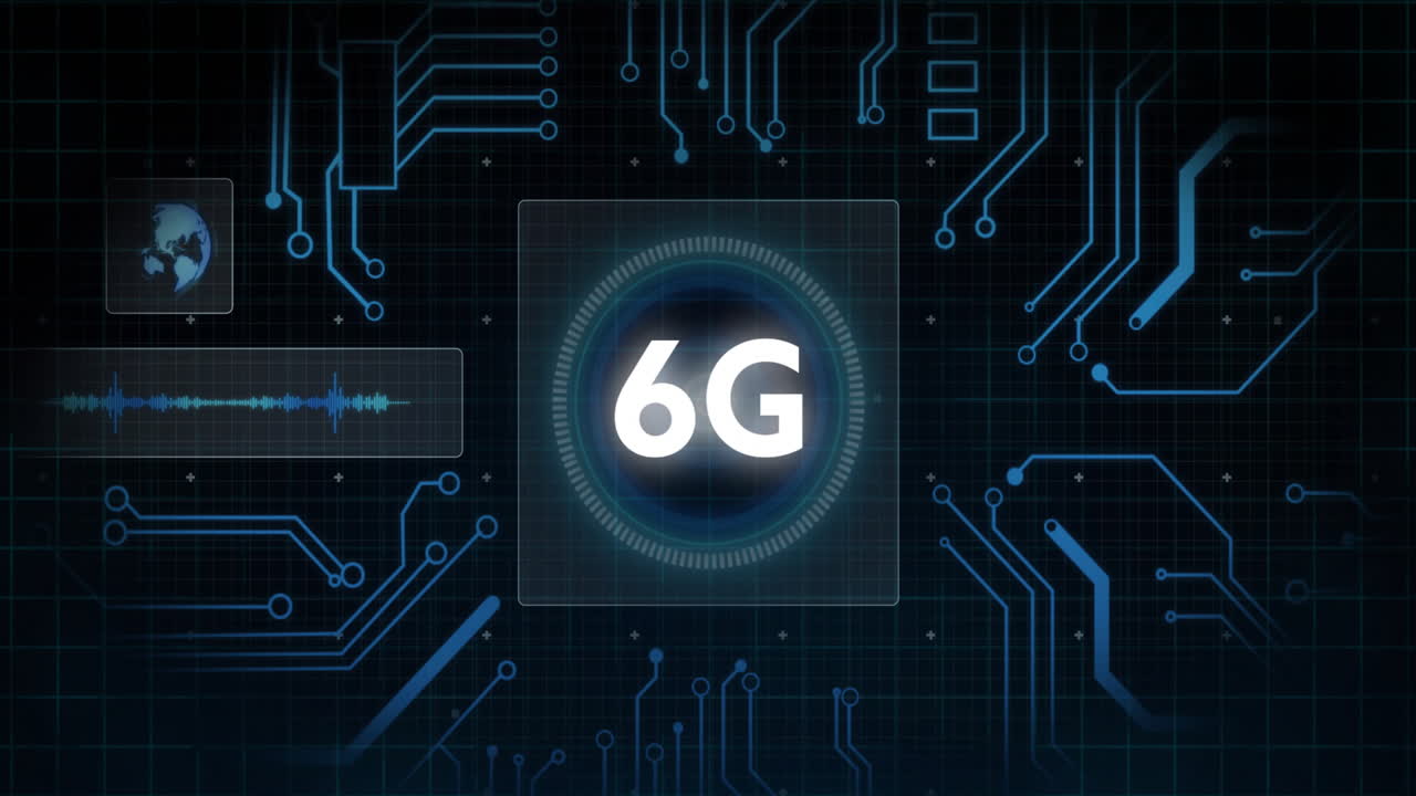 animación de texto 6g, placa de circuitos y procesamiento de datos sobre fondo negro