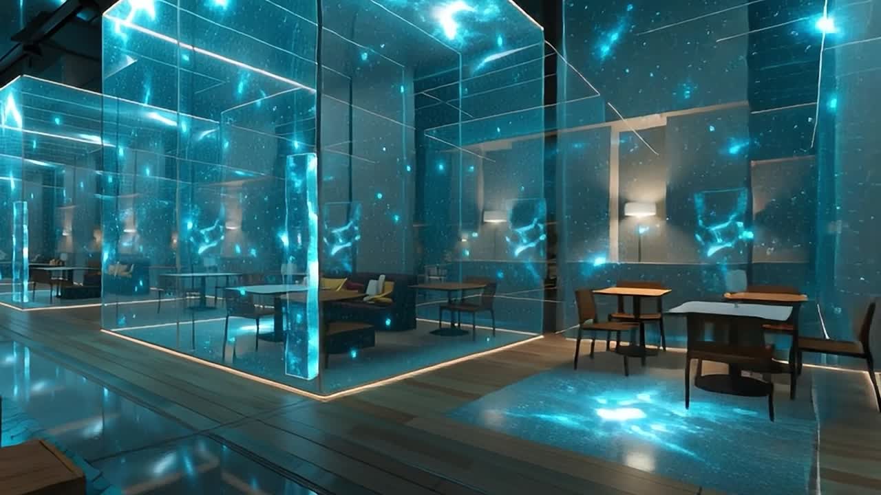 Moderne interaktivt lounge-design med oplyste glasinstallationer.