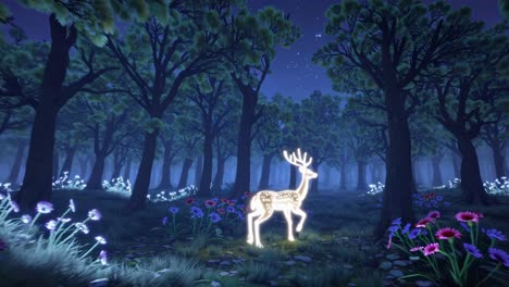 a glowing deer in a mystical forest at night, captured from a low-angle video