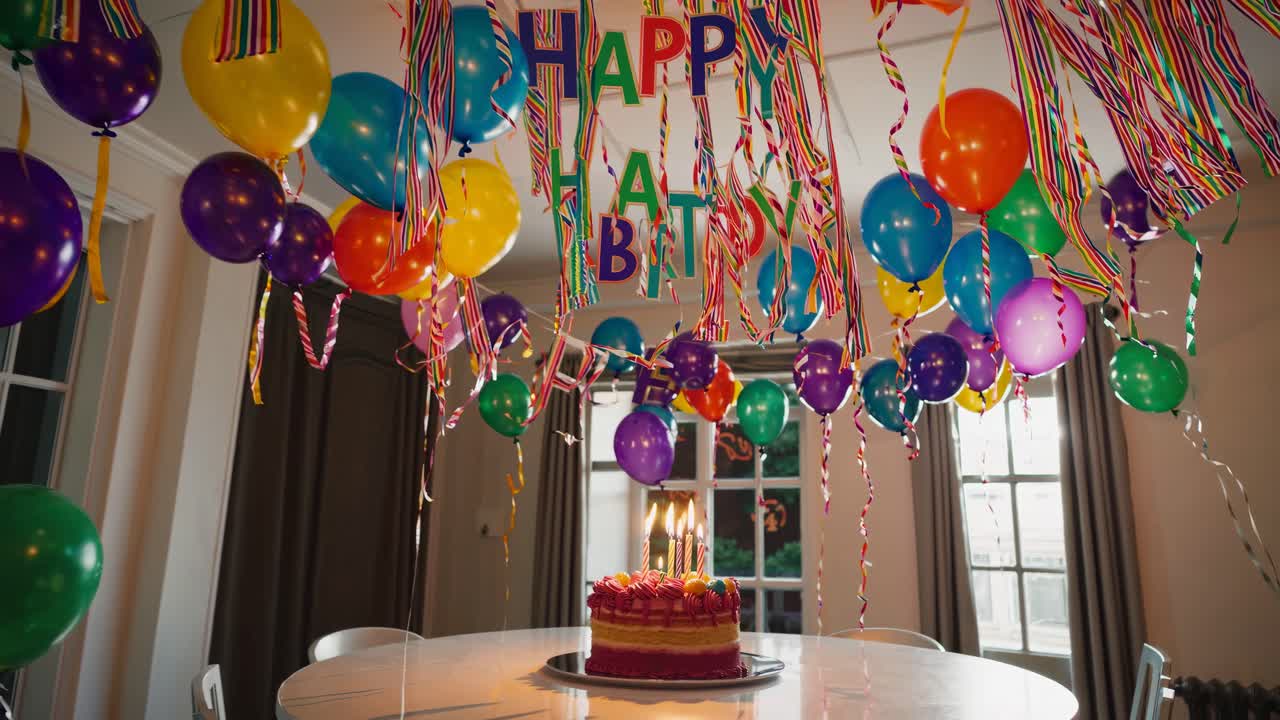 A close-up video shot of a colorful birthday cake with lit candles, surrounded by festive