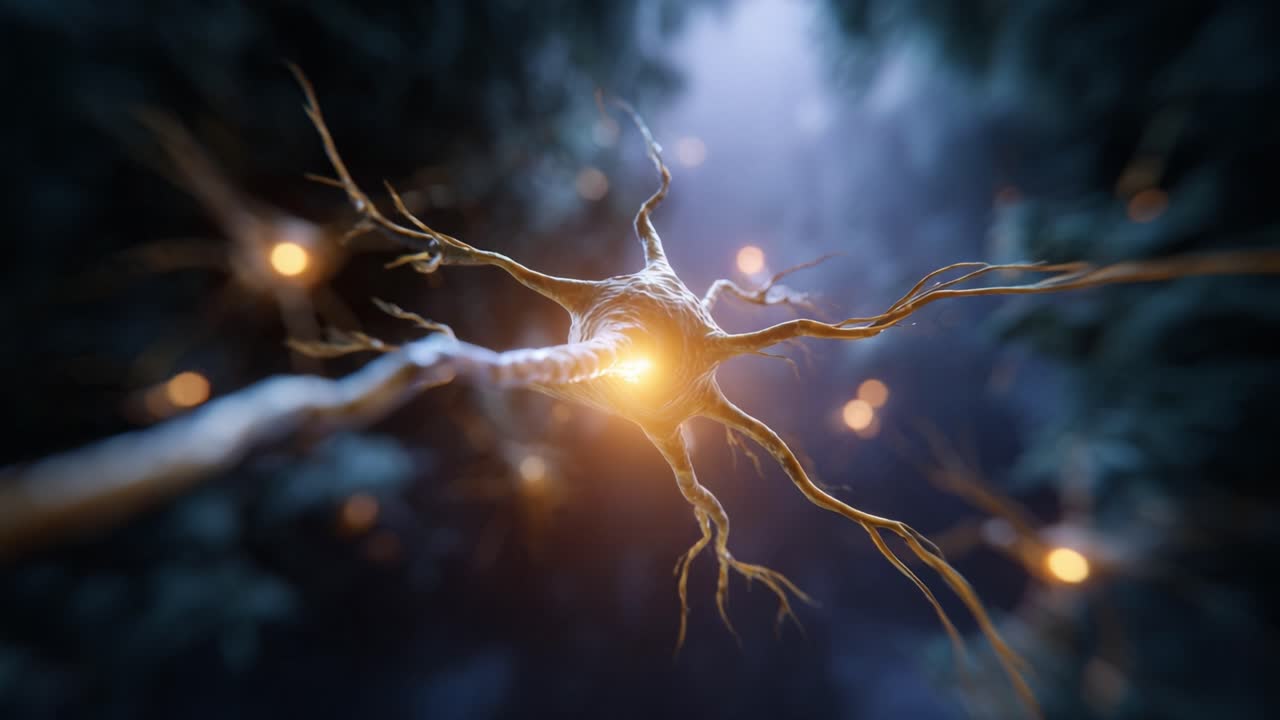 A Detailed Exploration of a Neuron: Illuminated Neural Pathways Highlighting the Intricate Connections and Activity of Neural Cells in a Darkened Environment