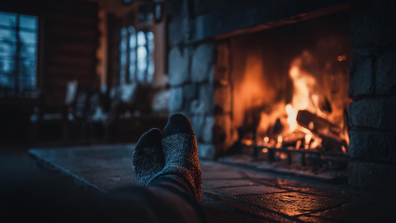 Cozy Winter Evening by the Fireplace: Warmth and Relaxation with Socks and Flickering Flames in a Rustic Setting