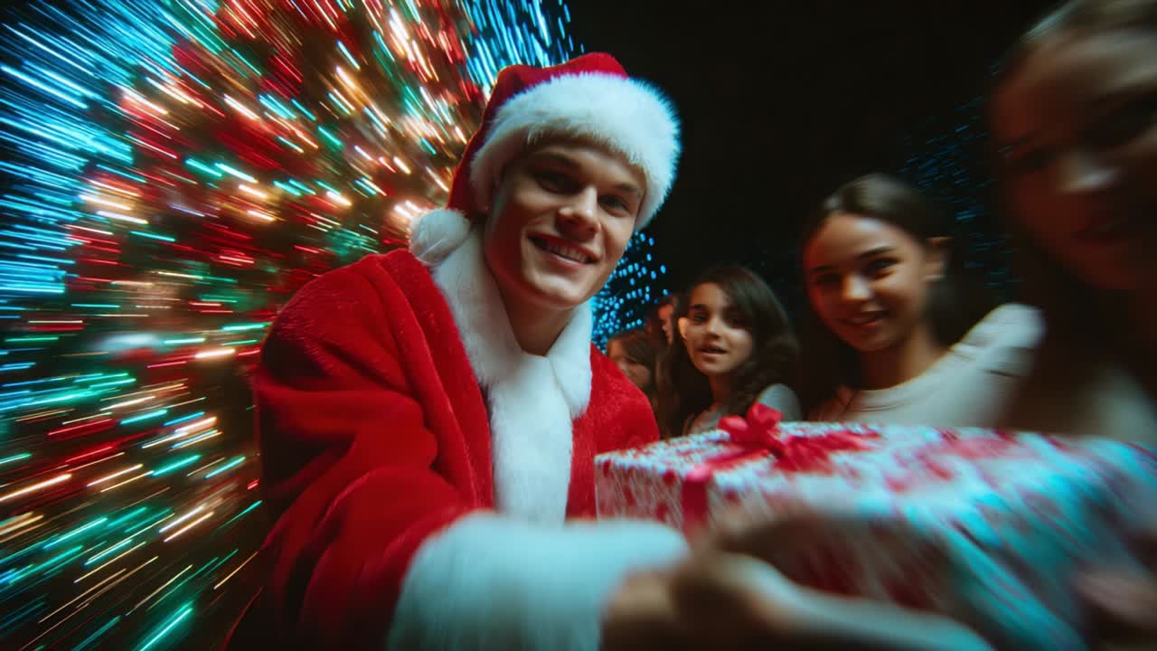 Joyful celebration of Christmas with festive decorations, a cheerful individual in a Santa Claus outfit presenting a beautifully wrapped gift amidst a vibrant backdrop of colorful Christmas lights and delighted faces