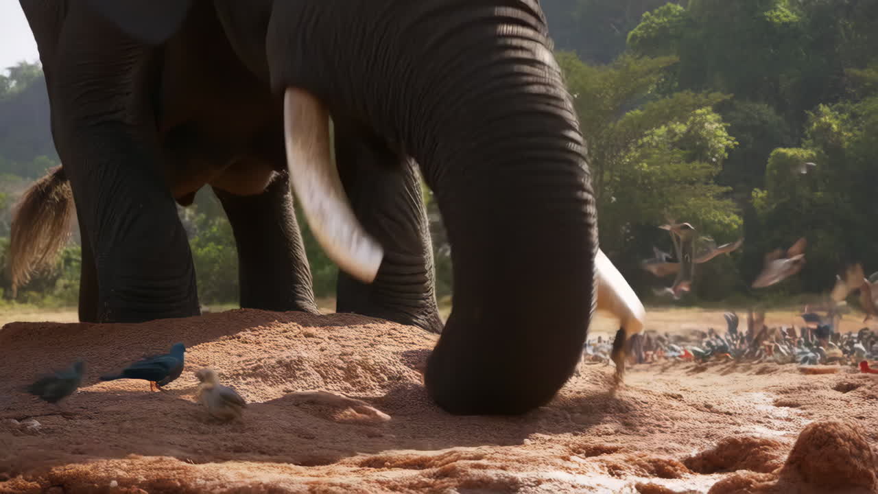 Elephant and Birds Foraging in the Wild
