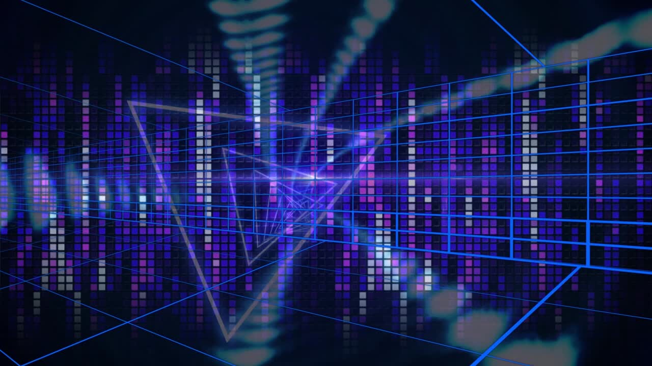 Triangle emerging center rotating and nesting, EQ grid pulsing, ribbons sweeping forming core flare