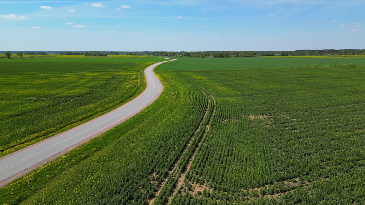 Aerial view over a winding road through vast meadows