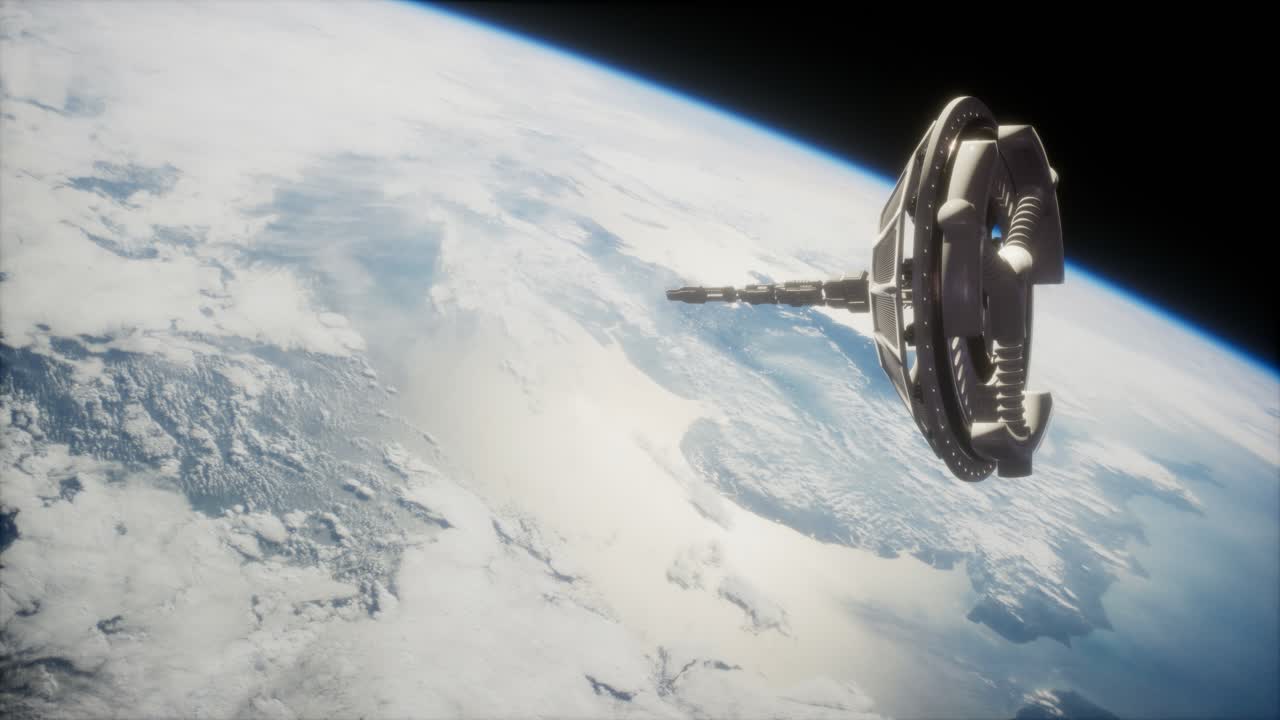 satélite espacial futurista en órbita alrededor de la tierra