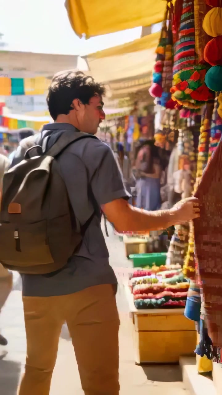 Vertical video: Seeing vivid fabrics at market, man with backpack in tee checking rug to buy