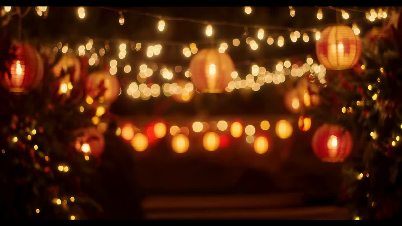 Entering lit path, adult and child wearing coats watching string lights and lanterns, admiring