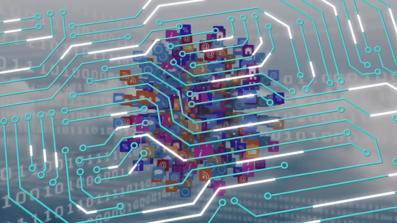 animación de circuito integrado y globo hecho de íconos sobre fondo gris