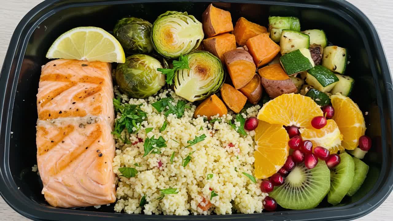 Colorful Healthy Meal Preparation with Grilled Salmon, Roasted Vegetables, Quinoa, and Fresh Fruits Presented in a Modern Container