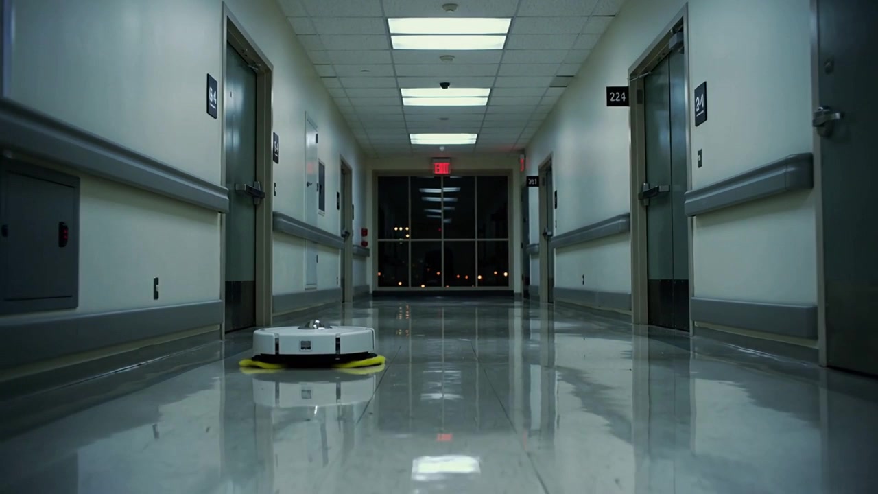 Una lavasciuga robotica con tampone giallo si avvia e si muove di notte in un lungo corridoio d'ospedale, lucidando il pavimento.