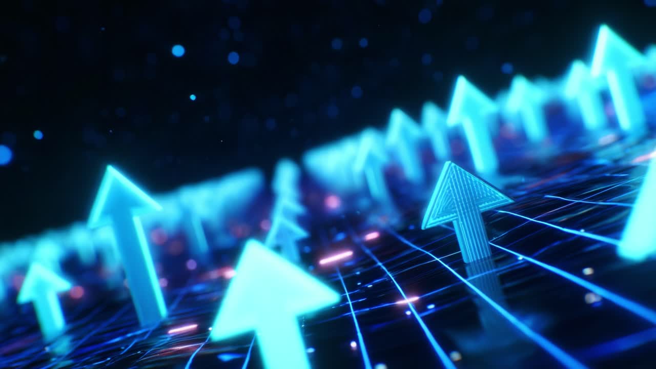 Eine dynamische Visualisierung von Fortschritt und Wachstum, dargestellt durch leuchtend blaue Pfeile, die aus einem Netzwerk-Raster hervorgehen und Fortschritte in Technologie und Zukunftspotenzial symbolisieren