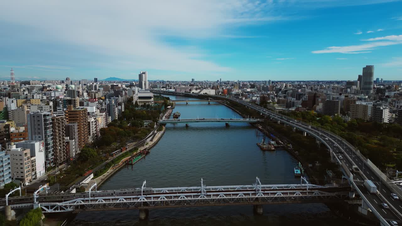 Low aerial shot visualizing Asia’s Tokyo’s geopolitical and trade confrontation