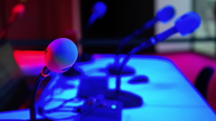 Primo piano di un microfono su uno sfondo sfocato con luci blu e rosse all'International Games Festival di Cannes, Francia