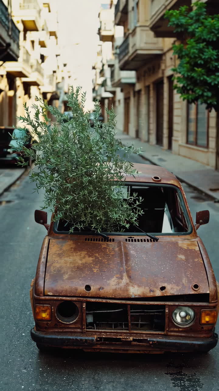 Rusty Car with Olive Tree on the Hood