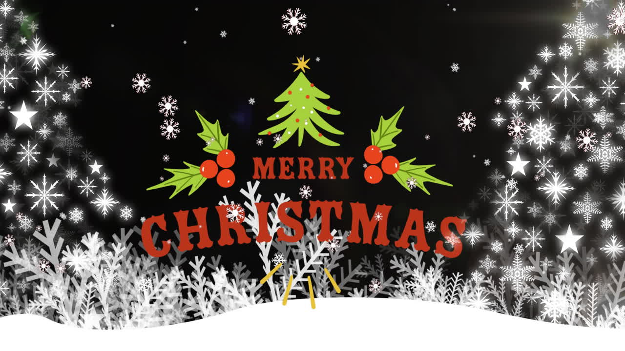 눈이 내리고 겨울 풍경 위에 행복한 크리스마스 텍스트의 애니메이션