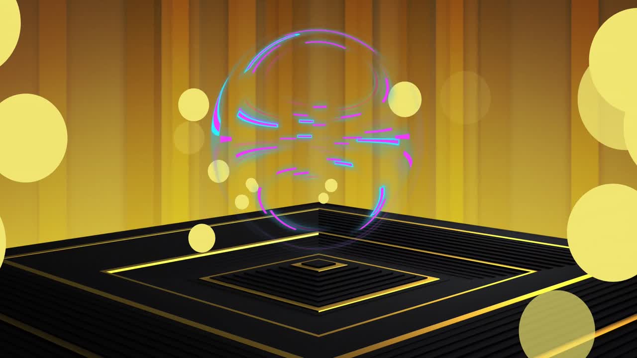 노란색 빛 반점과 검은색 포디움과 금색 벽 위에 데이터를 처리하는 회전하는 지구