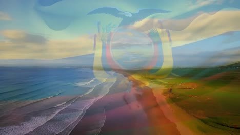 animation of flag of honduras waving over sunny beach and waves breaking in sea