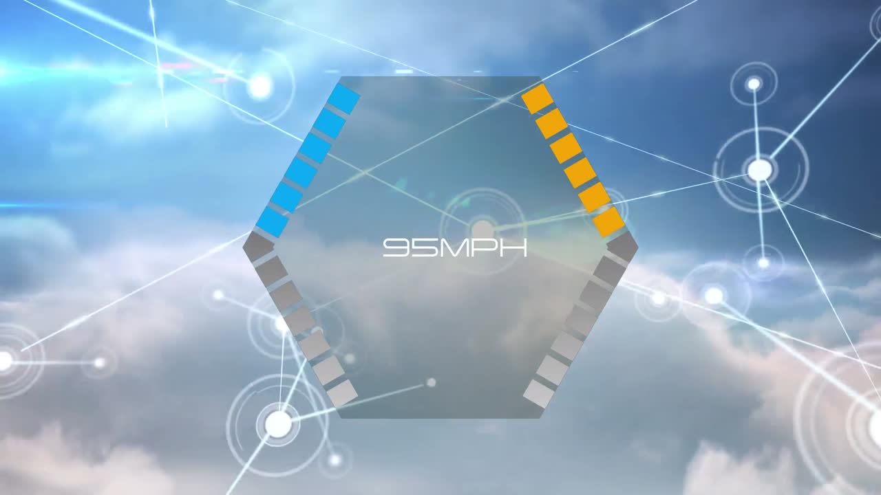 파란 하늘의 연결 네트워크와 구름에 대항하여 육각형 배너에 대한 속도계 증가